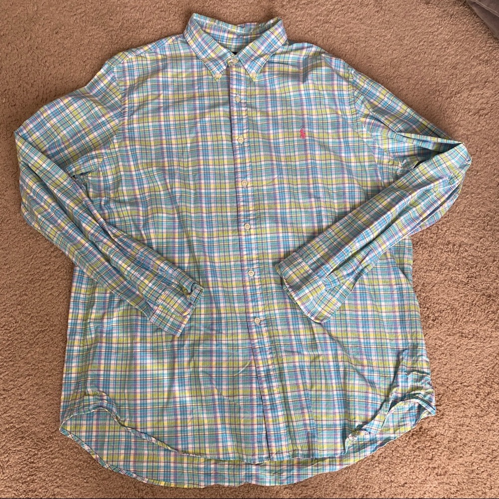 Polo Ralph Lauren aqua and lime plaid oxford XXL